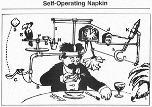 1931 cartoon featuring Professor Butts and his Rube Goldberg machine (IoT?): the Self-Operating Napkin
