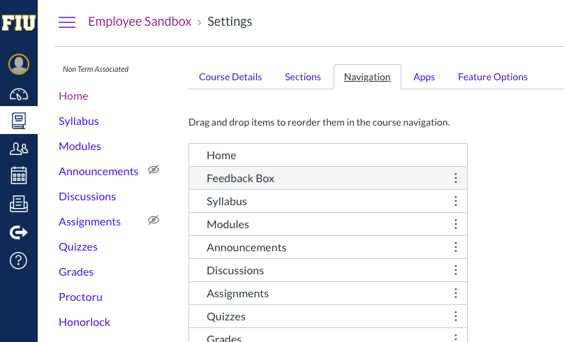 Instructors can enable the Feedback Box tool in Canvas by clicking on Settings→Navigation, and then dragging the application above the taskbar and into the Course Navigation Menu.  