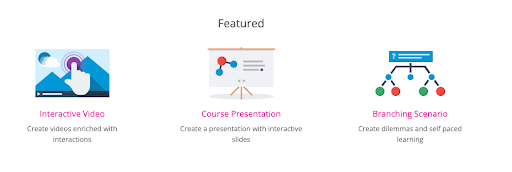 Featured content types in the H5P "examples and downloads" page include interactive video, course presentation, and branching scenario.