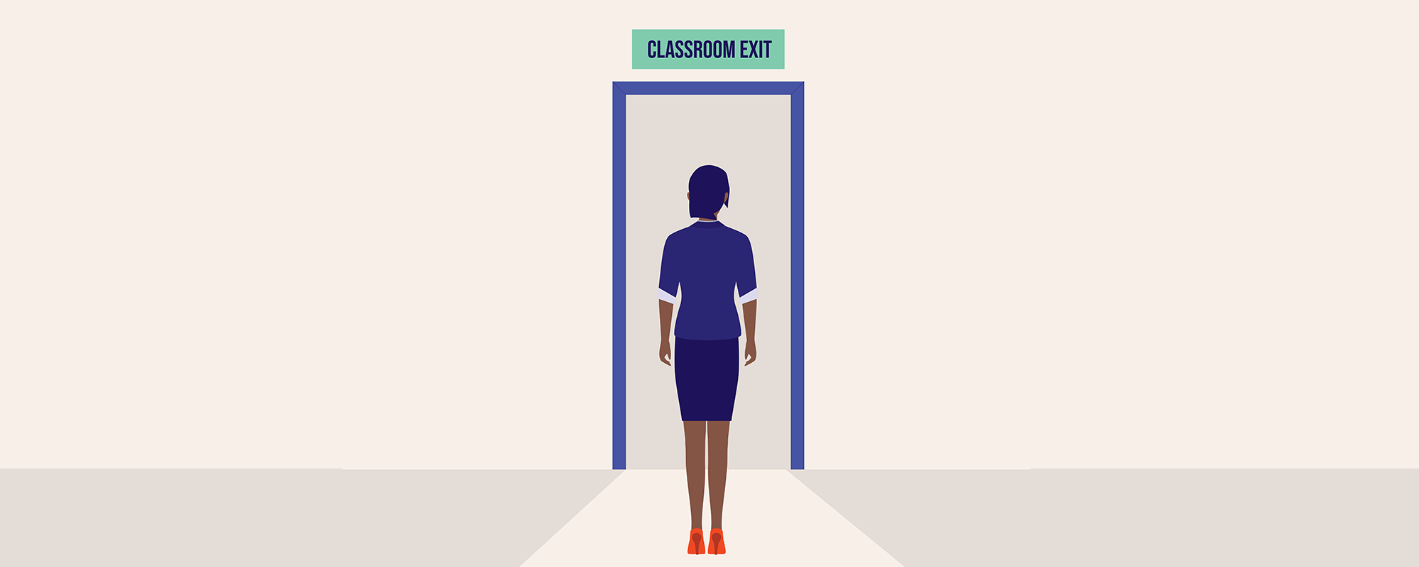 Illustration of a woman in a purple outfit walking toward a door that says "Classroom exit" above the frame.